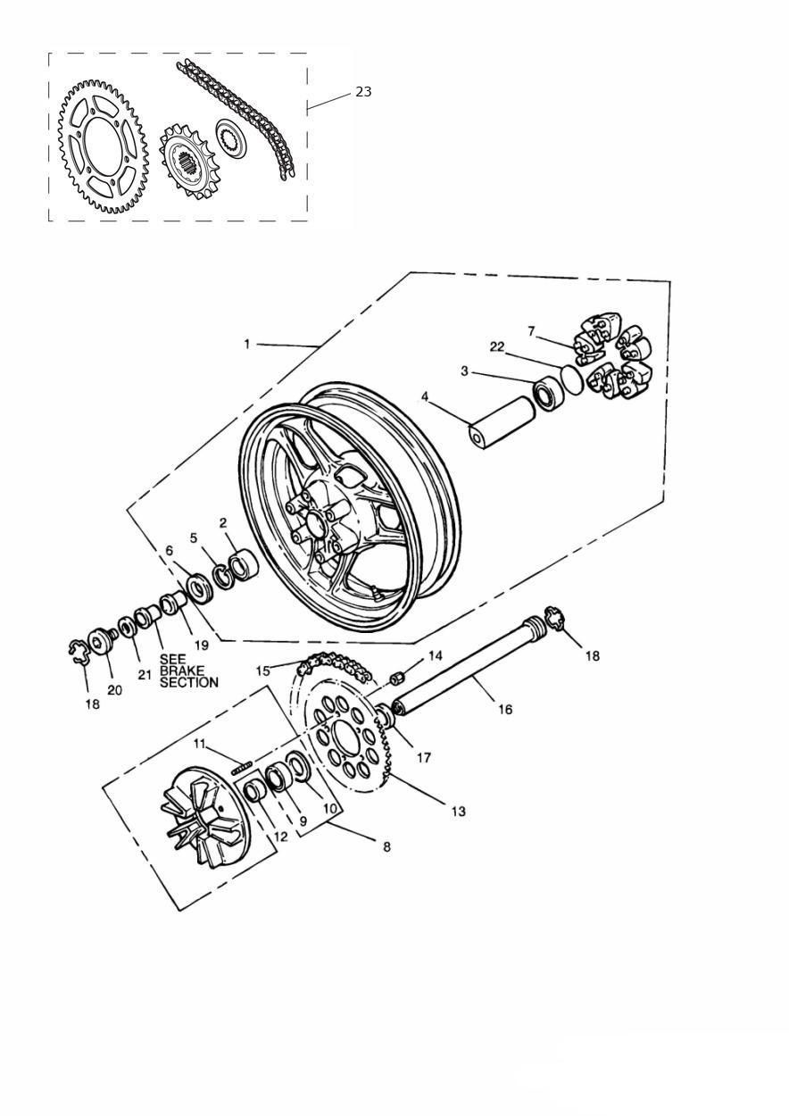 ROUE ARRIERE ET TRANSMISSION FINALE POUR TRIDENT 750 1991