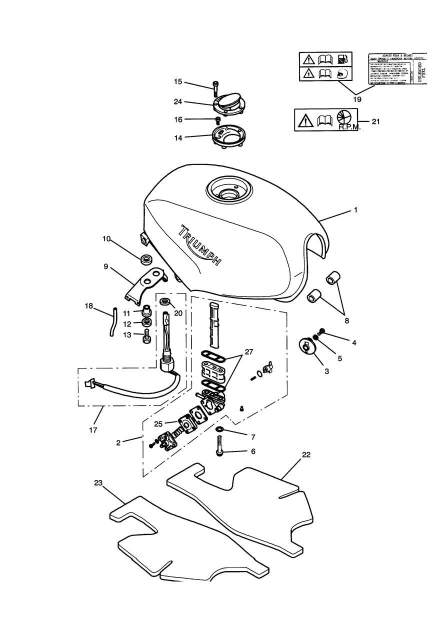 RESERVOIR DE CARBURANT ET RACCORDS POUR TRIDENT 750 1991